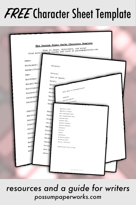 In this Possum Paper Works writing tip, we discuss how to use character questionnaires to develop plot and characteriztions! Includes free template doc, great for NaNoWriMo prep, along with tips on how to create and utilize your own character questionnaire! #PossumPaper #art #writing #write #WritingTips #advice #quote #WritingBlog #inspirational #blog #summary #WritingInspiration #characters #productivity #books #characterization #WritingWorksheet #CharacterDevelopment #free #worksheet #fiction Character Sheet Writing Worksheets, Nanowrimo Prep Worksheets, Character Sheet Template Writing, Writing Characters Worksheets, Character Writing Template, Character Profile Template Writing, Detailed Character Profile Template, Character Building Template, Character Creation Sheet Writing