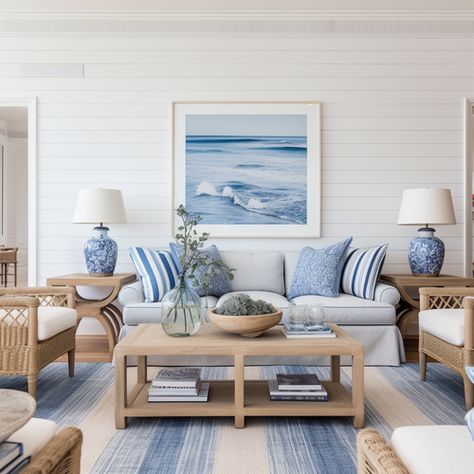 Australian Hamptons Style Interiors, Summer House Interior Design, Classic Coastal Home, Classic Coastal Interior Design, Hamptons Style Decor Living Rooms, Coastal Hamptons Style Living Rooms, Interior Coastal Style, Holiday Home Interiors, Hampton Style Living Room