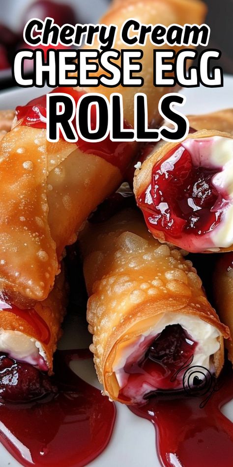 Cherry Cream Cheese Egg Rolls Crispy Cherry Cheesecake Egg Rolls, Fruit Egg Rolls Cream Cheeses, Cream Cheese Egg Rolls Desserts, Cherry Cream Cheese Egg Rolls, Cherry Egg Rolls, Strawberry Cream Cheese Egg Rolls, Air Fryer Cherry Cheesecake Egg Rolls, Ham And Cheese Egg Rolls, Fruit Eggrolls