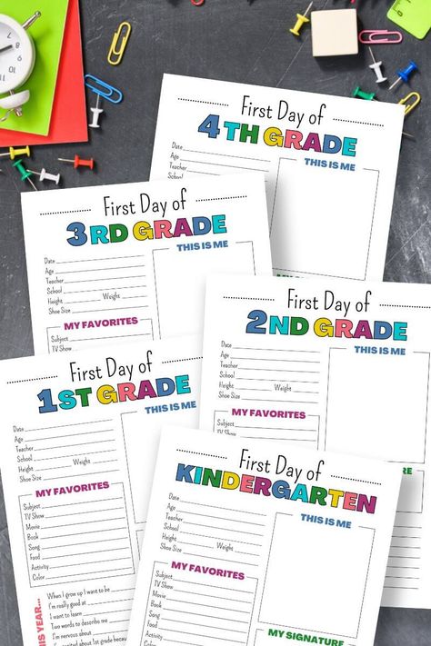 First Day Of Kindergarten Questionnaire, 1st Day Of School Interview, School Information Printable, Last Day Of School Interview Printable, 1st Day Of School Questionnaire, First Day Of School Keepsake, School Year Keepsake Storage, Back To School About Me Printables, First Day Of School Time Capsule