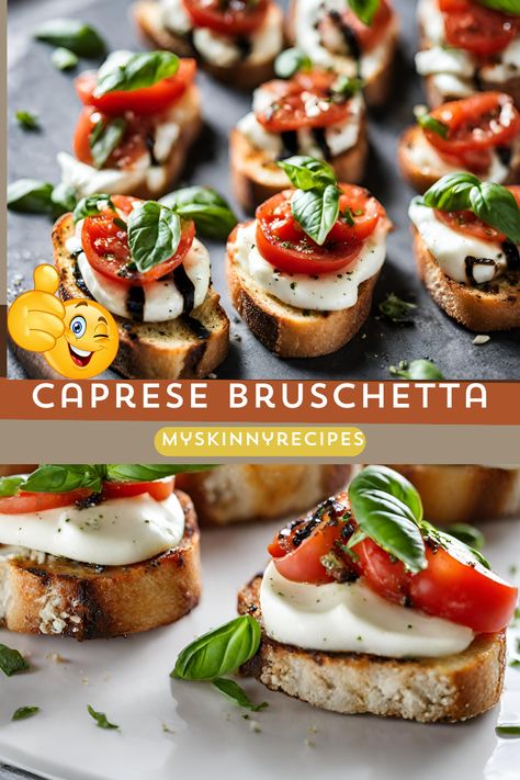 Indulge in the perfect blend of flavors with our Caprese Bruschetta recipe! Crispy baguette slices topped with ripe tomatoes, creamy mozzarella, fresh basil, and a drizzle of tangy balsamic glaze. A mouthwatering appetizer for any occasion!#myskinnyrecipes #CapreseBruschetta #AppetizerIdeas #EasyRecipes Tomato Basil Mozzarella Appetizers Balsamic Vinegar, Caprese On Baguette, Ricotta Bruschetta Recipe, Baguette Meal Ideas, Recipes With Fresh Mozzarella Balls, Caprese Bruschetta Recipe, Bruchetta Appetizers Mozzarella, Tomato And Mozzarella Appetizer, Recipes Using Fresh Mozzarella