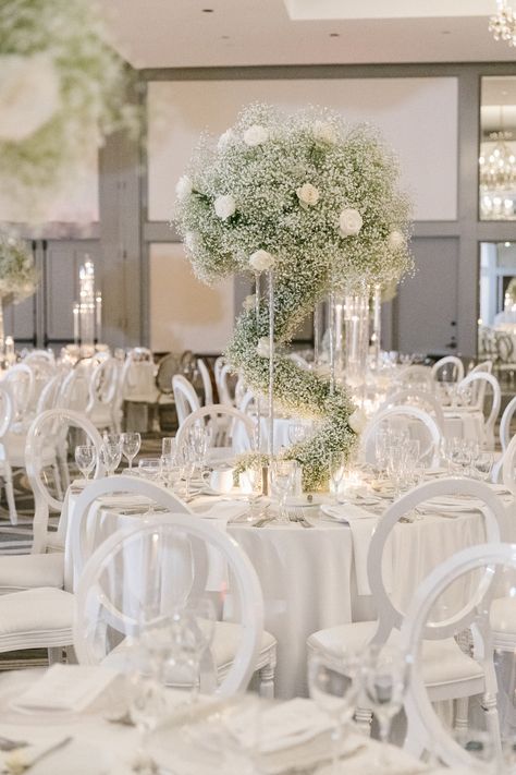 Baby Breath Wedding Centerpieces, Baby Breath Centerpiece Wedding, Silver Reception Decor, Balloon Ceiling Decor, Fairytale Ballroom, Sweetheart Backdrop, Baby Breath Centerpiece, Cold Sparklers, Luxury Wedding Centerpieces