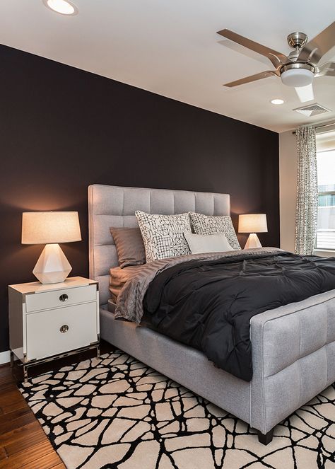 Black White And Grey Bedroom Ideas Head Boards, Black Accent Wall Grey Bed, White Bedroom Black Accent Wall, White Room Black Trim Bedroom, Black And Light Grey Bedroom, Gray Room Inspiration, Accent Wall With Grey Headboard, White Bedroom With Black Accent Wall, Grey Bedroom Design Modern