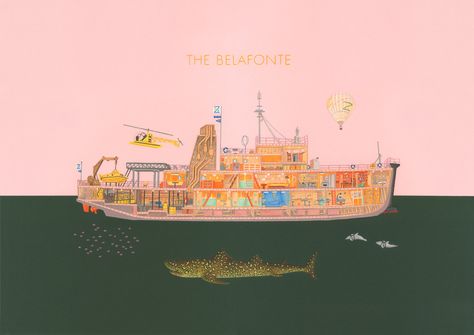 A cross section illustration of The Belafonte, the ship in Wes Anderson's film 'The Life Aquatic with Steve Zissou'. Also featuring the elusive Jaguar Shark. Colour pencil on card. Wes Anderson The Life Aquatic, Life Aquatic Poster, Wes Anderson Life Aquatic, Life Aquatic Aesthetic, The Life Aquatic With Steve Zissou, Megan Poster, Wes Anderson Illustration, Wes Anderson Tattoo, Jaguar Shark