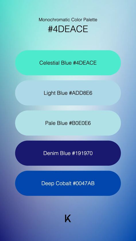 Monochromatic Color Palette Celestial Blue #4DEACE · Light Blue #ADD8E6 · Pale Blue #B0E0E6 · Denim Blue #191970 · Deep Cobalt #0047AB Cool Blue Color Palette, Technology Color Palette, Blue Color Pallet, Monochromatic Blue, Colour Pallets, Monochromatic Color Palette, Hex Color Palette, Serenity Blue, Celestial Blue