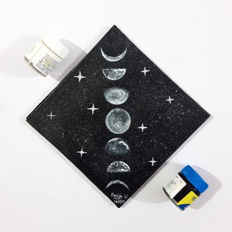 Moon Phases Acrylic Painting, Things To Paint On Canvas Aesthetic Dark, Witchy Painting Ideas Easy, Witchy Canvas Painting, Square Canvas Painting Ideas, Moon Phase Painting, Grunge Painting, Black Canvas Paintings, Acrylic Painting Diy