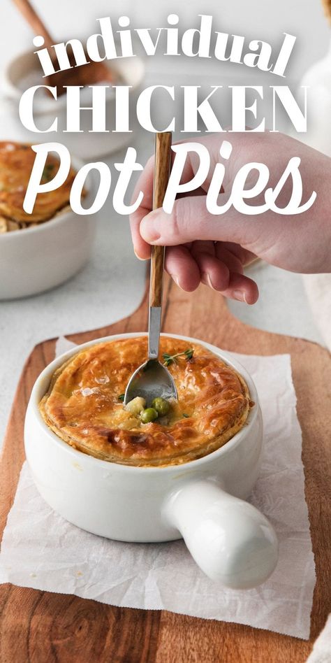 Individual Chicken Pot Pie Recipe Puff Pastry, Chicken Pot Pie Individual Easy, Individual Chicken Pot Pies Puff Pastry, Individual Pot Pies Chicken, Chicken Pot Pie Recipe Oven, Chicken Pot Pie Individual, Individual Chicken Pot Pie Recipe, Chicken Pot Pie Recipe Puff Pastry, Juicy Shredded Chicken