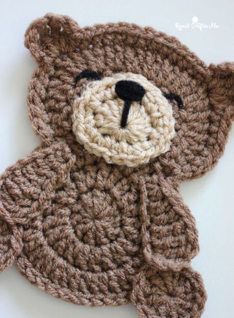 Teddy Bear Applique, Crochet Appliqué, Beary Cute, Bear Applique, Teddy Bear Crochet, Red Heart Super Saver Yarn, Crochet Applique Patterns Free, Repeat Crafter Me, Elephant Applique