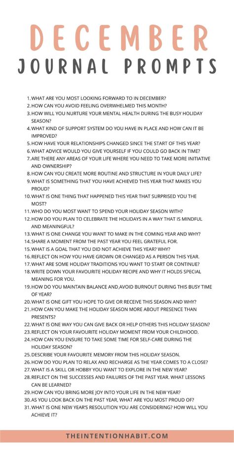 These December journal prompts will help you reflect on the year through your daily journal habit. As we transition into December, this collection of journal prompts is crafted to inspire your journaling journey and maintain the momentum of your journaling practice, serving up a fresh dose of inspiration every day. December writing prompts. Writing prompts for December. Journal prompts for December daily journaling. December Prompts 2023, Christmas Journal Ideas Writing Prompts, Journal Prompts For December, December Journaling Prompts, Holiday Journal Prompts, December Daily Prompts, Journal Prompts December, New Year Prompts, 365 Days Of Journal Prompts
