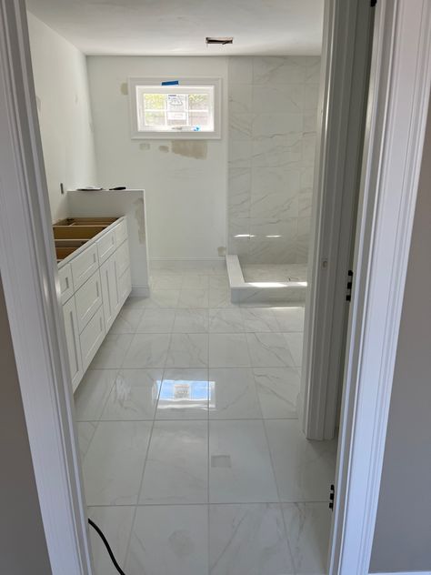 Classic 12 x 24 Polish finished porcelain tile stacked installation Stacked Floor Tile Bathroom, Stacked 12x24 Tile Floor, Marble Floor House, Marble Tile Bathroom Floor, Large Tile Bathroom, 12x24 Tile, White Porcelain Tile, Marble Tile Bathroom, Basement Reno