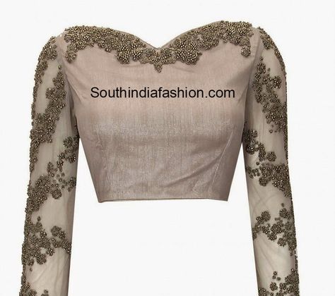 full sleeves designer blouse Velvet Blouse Designs Indian, Blouse With Beads, Latest Blouse Styles, Golden Blouse Designs, Full Sleeves Blouse, Full Sleeves Blouse Designs, Saree Jacket Designs, Golden Blouse, Boat Neck Blouse Design