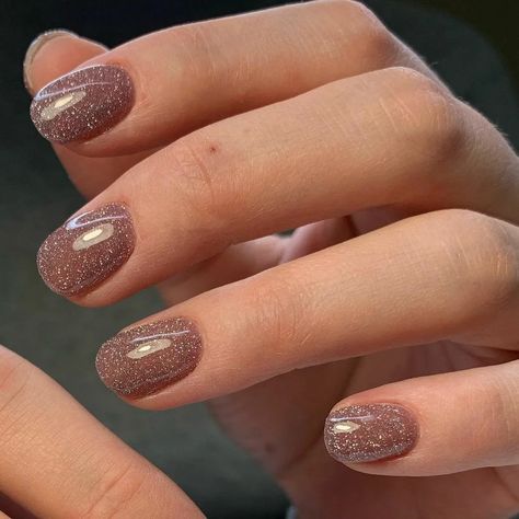 New Year’s Eve Sns Nails, Beige Sparkle Nails, Glitter Brown Nails, Wedding Nails Bridesmaid Acrylic, Sparkly Brown Nails, Brown Sparkle Nails, Brown Glitter Nails, Nude Sparkly Nails, Sparkly Black Nails