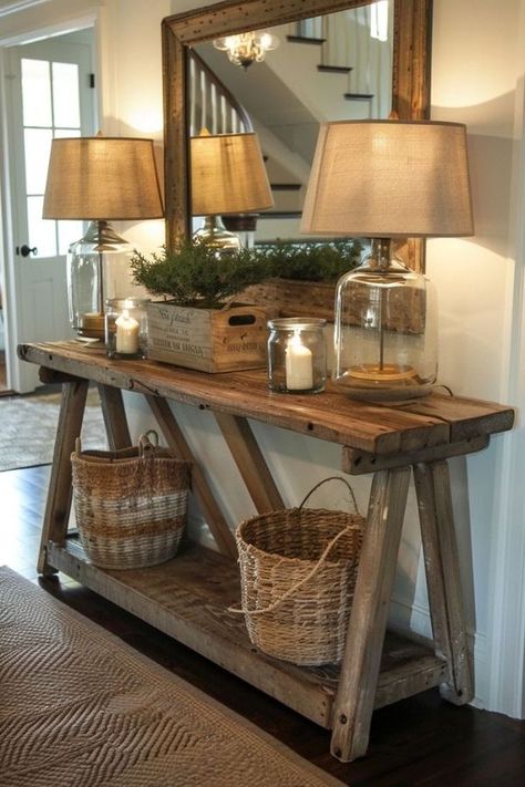 Le Grenier d' Emma Entryway Shelves Decor, Small Entry Tables, Front Entry Decor, Cottage Entryway, Farmhouse Entry Table, Farmhouse Entryway Table, Rustic Entryway Table, Sofa Table Decor, Entryway Table Decor Ideas