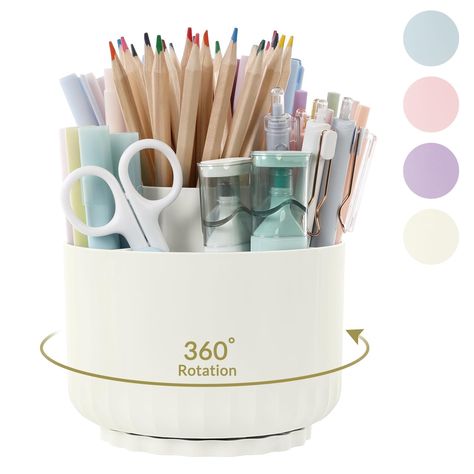 PRICES MAY VARY. Space-Saving: The design of 5 compartments can be reasonably divided into storage areas. This 4.8*3.2 inch desk organizer can be placed anywhere in the office, vanity, bathroom, bedroom, and living room. 360 Degree Rotating Office Organization： This pencil and pen holder combo offers a 360-degree rotation feature, ensuring easy access to your writing tools, and making it even more convenient to find what you need. Sturdy and Anti-skidding: The pencil organizer for your desk is m Desk Organization College, Office Vanity, Room 360, Rotating Desk, College Desk, Pen Holder For Desk, Preppy School Supplies, Gold Desk, Pink Pens