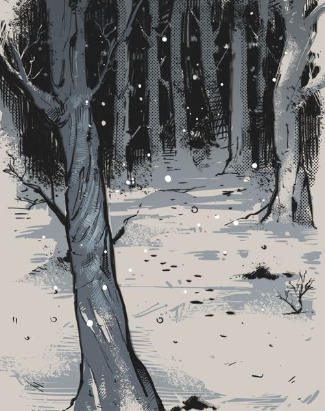 Forest #art #drawing #sketch #comicstyle #digital #darkart Snow Falling Drawing, Spooky Forest Illustration, Forest Reference Drawing, Snowy Forest Drawing, Snow Forest Art, Snowy Forest Art, Tundra Drawing, Snowfall Drawing, Winter Concept Art