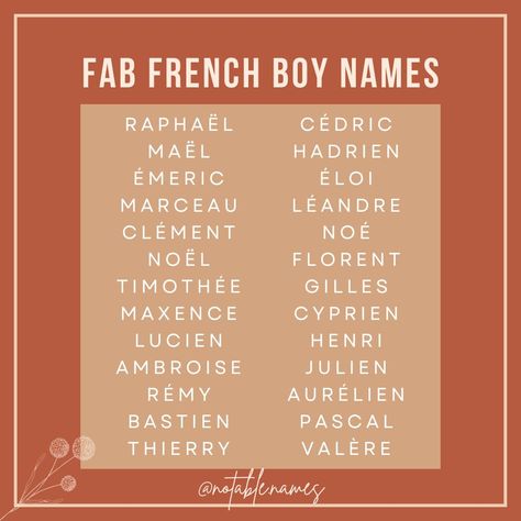 I've already given you Fab French Girls, so please give it up for these handsome boys names! These of course all sound best in a lovely French accent, but gosh would you just look at them!? Stunning. I love a French name, I love the way they look and sound, and all of the little accents really make the names feel fancier than their English counterparts. There's just something about French names that feel fancy and romantic. #frenchnames #boynames #babyboynames #babynameinspo #babynameideas ... Fancy Names Boys, French Names Male, French Names Aesthetic, French Names Boys, French Boy Names, French Last Names, French Boys Names, French Name, Boys Names