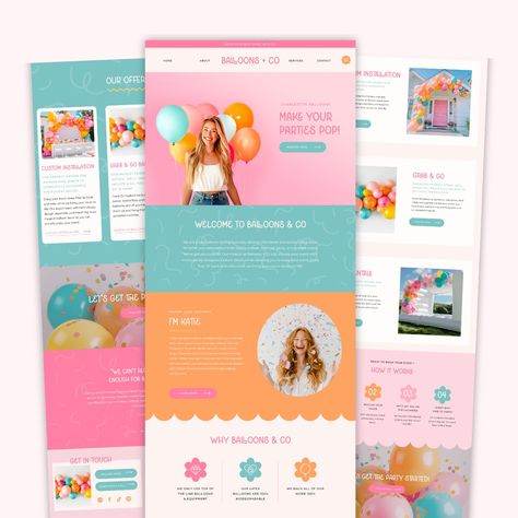 Bright, Colorful Showit Website Template for Party Planners & More! Party Branding Design, Website For Artist, Web Design Colorful, Cute Website Design Layout, Playful Website Design, Planner Website, Blue Website, Best Website Templates, Landing Page Inspiration