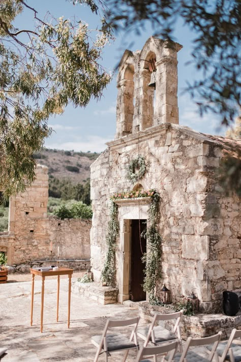 European Chapel Wedding, Wedding In Crete, Crete Greece Wedding, Wedding Venues In Greece, Beautiful Chapel Wedding, Greek Wedding Ceremony, Crete Wedding Venues, Greek Wedding Venues, Greek Church Wedding