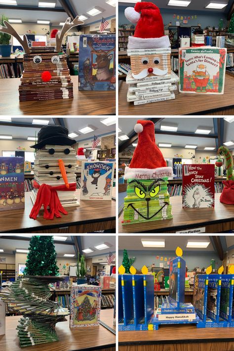 School library book stacking display for Rudolph, Santa, snowman, the Grinch, Christmas tree, and Hanukkah. These are such cute decorations for the library around the holidays! Snowman Book Stack, Library Decorations For Christmas, Grinch Library Decorations, Christmas Tree In Library, Stacked Book Christmas Tree, Book Stack Christmas, Book Stack Christmas Tree, Bookstore Christmas Displays, Winter Holiday Library Displays