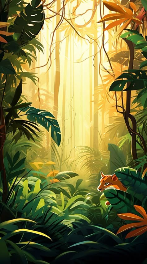 Step into the sunlit jungle thicket, a place drenched in warm sunlight inviting creatures to bask on the radiant floor. This lush environment offers a peaceful sanctuary for all inhabitants, from fluttering butterflies to majestic tigers. Let the warm embrace of the sun envelop you as you explore this vibrant ecosystem. #SunlitJungle #RadiantFloor #WarmInvitation #BaskInTheSunlight #NatureParadise Jungle Reference, Murals Ideas, Wall Painting Flowers, Jungle Cartoon, Perspective Images, Jungle Painting, Fluttering Butterflies, Jungle Scene, Jungle Illustration