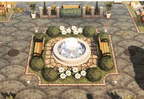 Cute Ground Designs Animal Crossing, Water Fountain Animal Crossing, Town Park Design, Acnh Vertical Banner Design Code, Animal Crossing Seasonal Area, Anch Elegantcore, Animal Crossing Elegantcore Entrance, Animal Crossing House Ideas Inside, Acnh Outdoor House Ideas