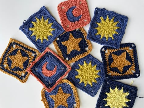 Hi everyone! I'm excited to publish a 3-pack of sun, moon and star granny square crochet patterns. ☀️ This PDF pattern offers a comprehensive guide to creating cute moon, star and sun shaped granny squares, perfect for adding extra fun to your crochet projects to make creations with combined patterns. Furthermore, if you are new to crocheting, I have made sure these patterns is suitable for beginners, outlining every step and stitch used. 🌟 In these pattern, you will gain expertise in the following crochet techniques: - Crafting beautiful star, moon and sun granny squares - Mastering multiple stitches: magic ring, chains, single crochet, double crochet, half-double crochet, treble crochet, slip stitch and slip knot ☀️ Besides that, I have also included a guide on how to make sun, moon and Star And Moon Granny Squares, Crochet Star Square, Star Granny Square Crochet, Fun Granny Squares, Sun And Moon Crochet, Moon Granny Square, Sun Granny Square, Star Granny Square, Geeky Crochet Patterns