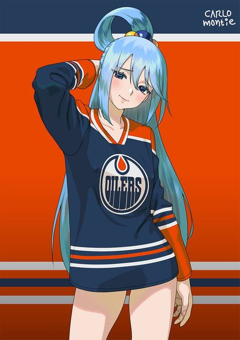 Aqua Oilers by hector026 on DeviantArt Konosuba Aqua, Konosuba Wallpaper, Aqua Konosuba, Hockey Girl, Anime Movies, Girl Drawing, Cute Anime Character, Anime Fanart, Anime Memes