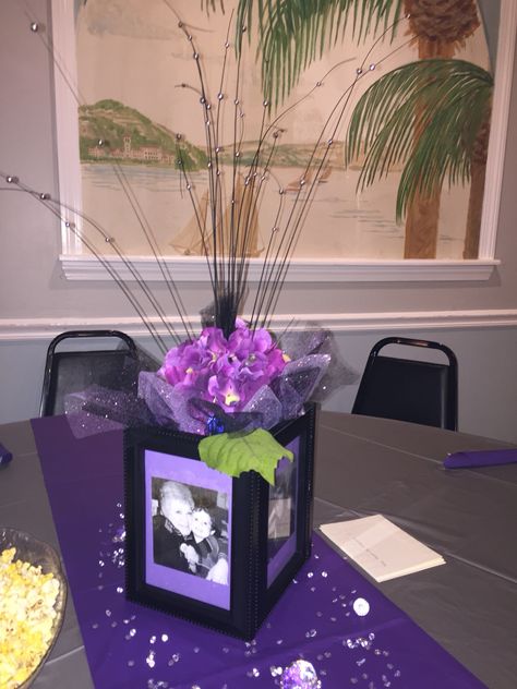 80th Birthday Centerpieces For Grandma, Family Reunion Centerpieces Diy, Birthday Centerpiece Ideas For Women, Family Reunion Centerpieces, Photos Luminaries, 20th Anniversary Ideas, Photo Centerpieces, Non Floral Centerpieces, 50th Birthday Centerpieces