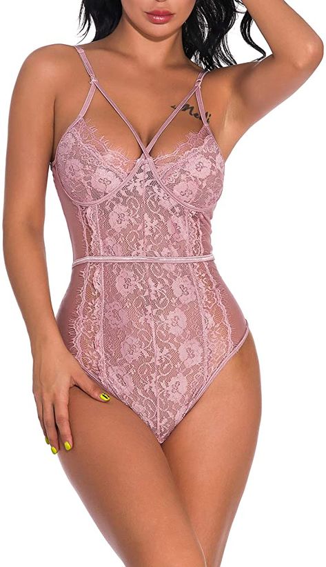 Qiaoer Women One Piece Lingerie Sexy Teddy Bodysuit Deep V See Through Lace Babydoll (Pink #1, L) : Amazon.ca: Clothing, Shoes & Accessories Leotard Tops, One Piece Lingerie, Teddy Lingerie, Lace Bodycon, Lace Babydoll, Bodysuit Lingerie, Bodycon Fashion, Plus Size Lingerie, Lace Bodysuit