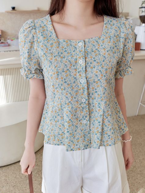 Multicolor Boho  Short Sleeve Cotton Ditsy Floral Peplum Embellished Non-Stretch  Women Tops, Blouses & Tee Peplum Top Outfits Casual, Satin Top Outfit, Peplum Top Outfits, Cotton Suit Designs, Office Tops, Vintage Floral Blouse, Cotton Tops Designs, Embroidered Tops, Cotton Blouse Design