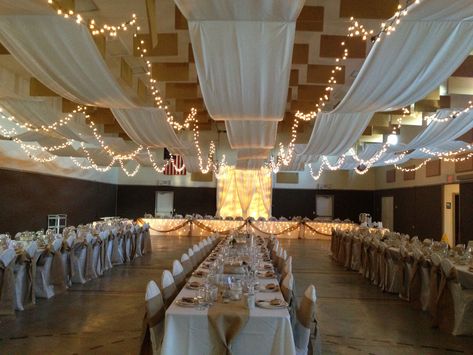 Gym Wedding Reception, Gym Reception, Wedding Ceiling Decorations, Wedding Ceiling, Ceiling Draping, Diy Wedding Reception, Prom 2023, Church Wedding Decorations, Light Backdrop