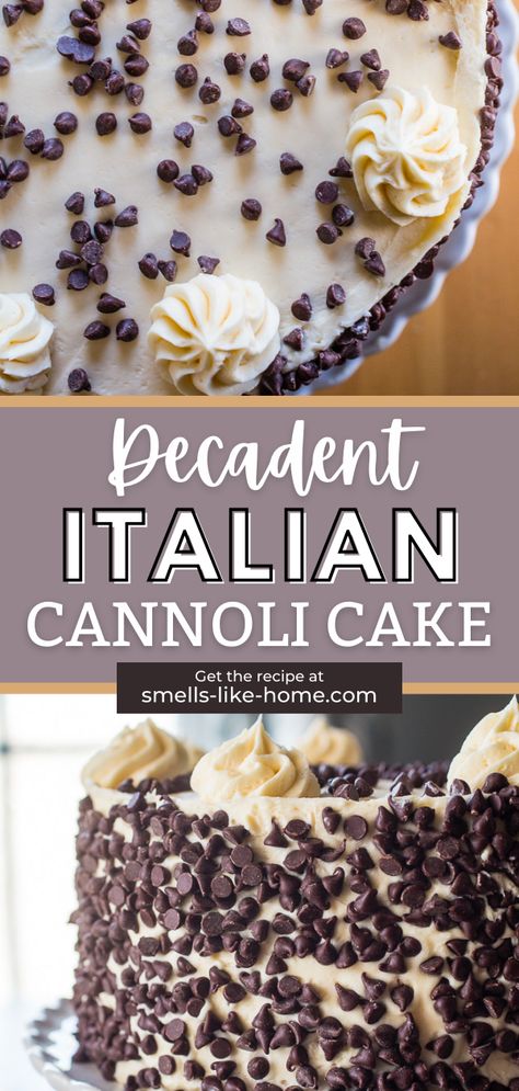 This indulgent Italian Cannoli Cake recipe is a must-try for any cake lover! Layers of rich rum-soaked yellow butter cake are sandwiched with homemade cannoli filling and topped with creamy vanilla buttercream frosting. To top it off, it's loaded with mini chocolate chips that will satisfy any sweet tooth. This showstopper of a cake will be the new star of your dessert table! Carabbas Cannoli Cake Recipe, Casada Cake Italian, Best Flavored Cakes, Carrabas Cannoli Cake Recipe, Cannoli Cake Recipe Italian Desserts, Chocolate Chip Cannoli Cake, Canolli Cake Recipe, Homemade Cake Filling, Fun Birthday Cake Recipes