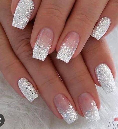 White And Silver Nails, Wedding Nails Glitter, Nails For Bride, Formal Nails, White Glitter Nails, Ombre Nails Glitter, Homecoming Nails Acrylic, Wedding Nails For Bride, Nails Wedding