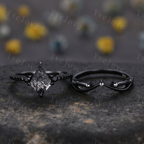 Retro Kite Black Rutilate Quartz Engagement Ring,vintage Black Silver Ring Set,unique Black Spinel Diamond Promise Ring Anniversary Gift - Etsy Black Unique Engagement Rings, Black Goth Wedding Ring, Black Ring With Diamond, Jasper Ring Engagement, Black Wedding Rings For Women Unique, Black Diamond Engagement Ring Vintage Unique, Fall Engagement Rings, Engagement Ring Goth, Black Engagement Rings Diamond