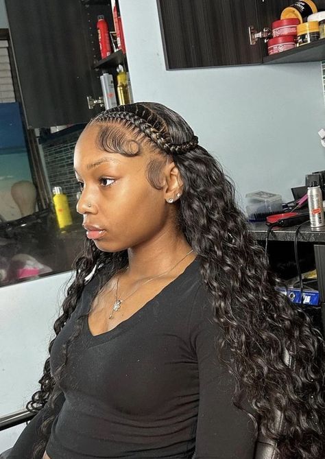 Braids At The Front Weave At The Back, Prom Ideas Hairstyles, Quick Weave With Braids On The Side, Added Weave Hairstyles, Two Braid Curly Wig, Sew In Two Braids, Pretty Back To School Hairstyles, French Braids With Sew In Weave, Weave In The Back Hairstyles