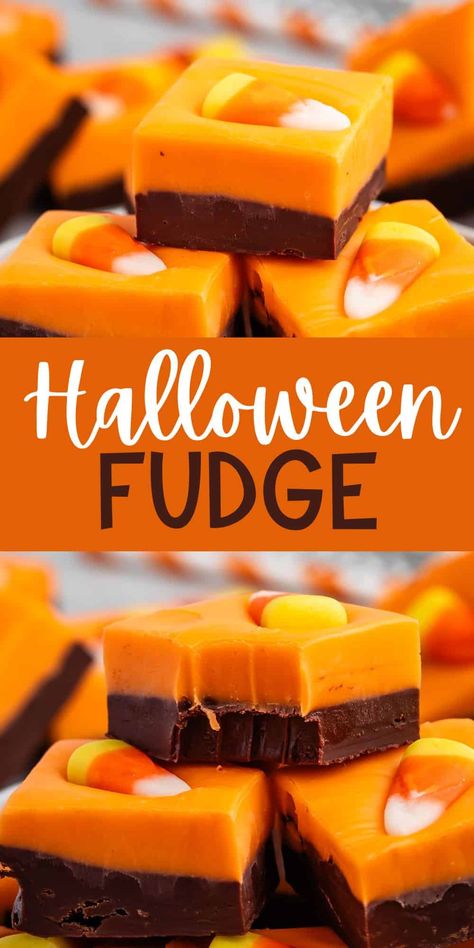 Layered Halloween Fudge - Crazy for Crust Easy Fall Fudge Recipe, Easy Back Sale Ideas, Simple Halloween Desserts For Kids, Homemade Halloween Candy Ideas, Easy Halloween Fudge Recipe, Vampire Fudge Recipe, Three Minute Fudge, Easy Halloween Fudge, Fudge Recipes Halloween