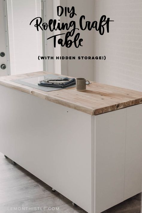 DIY craft table with hidden storage- love the counter height! Diy Craft Table With Storage, Craft Table With Storage, Prefab Cabinets, Diy Craft Table, Table With Hidden Storage, Craft Tables With Storage, Diy Counter, Rolling Table, Craft Table Diy