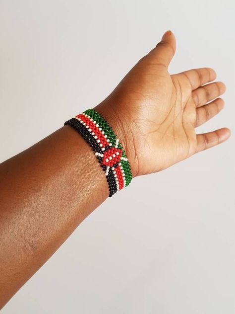 Masai Jewelry, Kenyan Flag, African Bangles, African Beaded Bracelets, Kenya Flag, Flag Beads, Flag Bracelet, African Bracelets, Word Bracelet