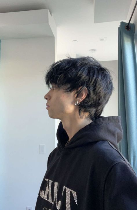 Men Hair With Bangs, Two Block Wolfcut, Short Wolfcut Hair Men, Dark Hair Mullet, Wolfcut Male Straight Hair, Softboy Haircut, Alt Men Hair, Softboy Hairstyle, Short Hair With Bangs Men