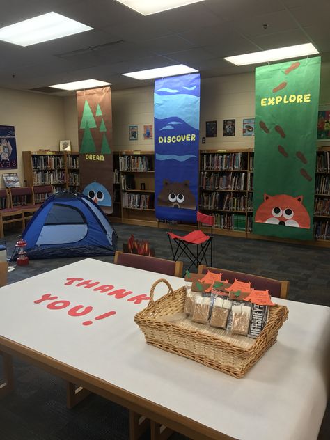 Camp Theme Book Fair, Camping Theme Library, Summer Reading Themes, Adventure Begins At Your Library Decorations, Adventure Awaits Library Theme, Camping Library Display, Camping Library Theme, Adventure At Your Library, Library Adventure Theme