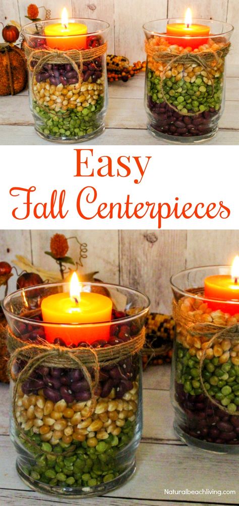 Easy Fall Table Centerpieces look great for a fall decoration or beautiful Harvest Centerpiece for Thanksgiving dinner. Make a DIY Centerpiece in minutes, Fall Table Centerpiece Ideas, Fall Candle Centerpiece Ideas, #Falldecor #DIYfallcraft #fallcraft #thanksgivingcraft #thanksgivingcenterpiece #falldecortips Harvest Centerpieces For Table Diy, Simple Autumn Table Centerpieces, Fall Harvest Centerpieces, Fall Potluck Table Decorations, Diy Fall Centerpieces For Table Dinner, Natural Fall Centerpieces For Table, Table Centerpieces For Thanksgiving, Fall Banquet Table Centerpieces, Pinecone Vase Centerpiece