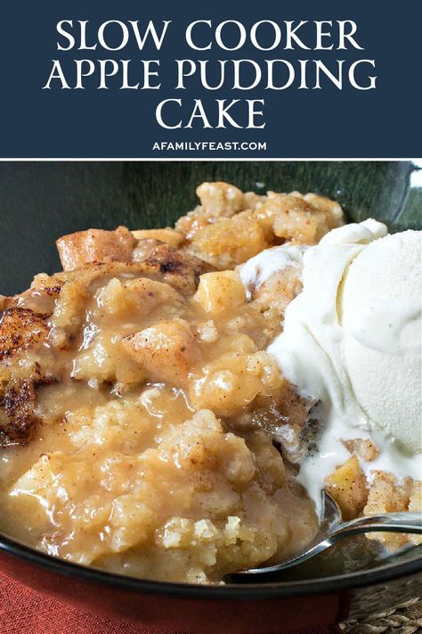 Slow Cooker Apple Pudding Cake has a sweet, soft, cinnamon-infused cake with chunks of apples throughout. Then, a luscious warm sauce forms underneath as the cake cooks in the slow cooker. Sticky Apple Pudding Cake, Crockpot Apple Pudding Cake, Apple Dump Cake With Pie Filling Crock Pot, Fresh Apple Crockpot Recipes, Slow Cooker Apple Recipes, Crockpot Desserts For A Crowd, Apple Pudding Recipes, Apple Pudding Dessert, Slow Cooker Dump Cake