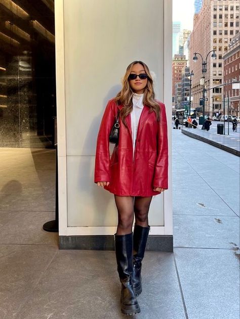 Fall Fashion 2023 Red, Red Leather Coat Outfits, Red Boots Fall Outfit, Red Platform Boots Outfit, Red Leather Vest Outfit, Santacon Outfits Women Nyc, Long Red Leather Jacket, Red Leather Jacket Outfit Winter, Long Red Leather Jacket Outfit