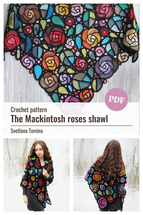 The Mackintosh Roses Shawl Crochet Pattern Rose Shawl Crochet Pattern, Crochet Rose Shawl, Floral Shawl Crochet, Coolest Crochet Projects, Romantic Crochet Patterns, Crochet Ideas One Skein, Crochet Skull Blanket Granny Squares Free Pattern, Crochet Scrap Yarn Projects Free Pattern, Faerie Crochet