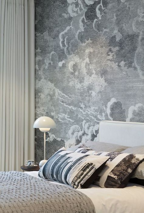 Cole & Son Fornasetti Nuvolette Clouds wallpaper bedroom: Fornasetti Wallpaper, Lovely Interior, Storm Wallpaper, Soothing Bedroom, Cole And Son Wallpaper, Classy Bedroom, Slaap Lekker, Carlo Scarpa, Cloud Wallpaper