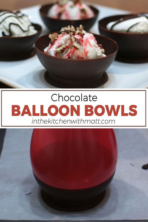 Several chocolate bowls made from balloons on parchment paper. Chocolate Bowls With Balloons, Chocolate Balloon, Balloon Bowls, Chocolate And Raspberry Tart, Chocolate Dome, Homemade Chocolate Pudding, Chocolate Bowls, Chocolate Bowl, Candy Fruit