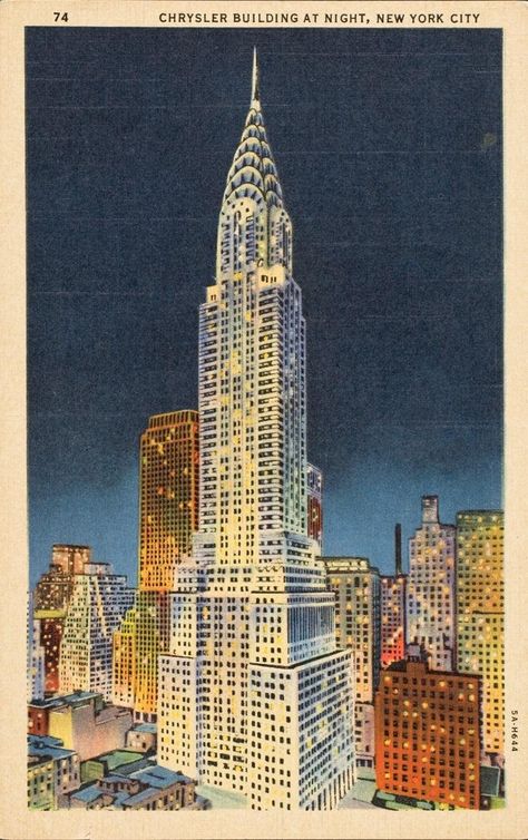 Lithograph of The Chrysler Building from 1932 New York Posters, Nyc Poster, Building At Night, Posters Inspiration, City Postcard, New York Print, New York Poster, Chrysler Building, Poster Room