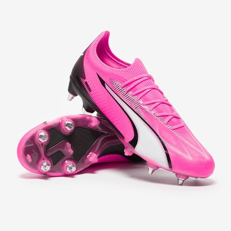 Accelerate to the next level wearing PUMA Ultra Ultimate MxSG football boots in Poison PinkPuma WhitePuma Black, featuring an updated upper for even more extreme pace. Built for uncatchable speed, the Ultra Ultimate sees you race away from your rivals thanks to its new, superlight ULTRAWEAVE upper.Also used on PUMAs nextgen kits, ULTRAWEAVE is an outrageously light woven fabric that stretches in all four directions, so it adapts to your movements without you even noticing. Importantly, its durab Football Boots Puma, Puma Ultra Football Boots, Puma Boots Football, Puma Football Boots, Boots Football, Rugby Boots, Football Ideas, Cracked Wallpaper, Kids Winter Jackets