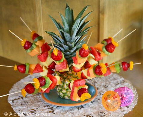 Fruit Kabobs in a Pineapple | Aloha Dreams Fruit Kebabs Ideas Birthday Parties, Fruit Kebabs Ideas, Fruit Kebabs Ideas Skewers, Fruit Kabobs Display, Kahlua Pork, Rice In The Oven, Pineapple Skewer, Fruit Kebabs, Cooking For A Group