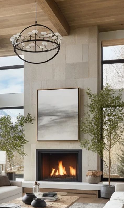 Modern Fireplace Ideas High Ceiling, Tall Living Room Fireplace, Fireplace Ideas Transitional, 2 Story Fireplace Ideas With Tv, Sandstone Fireplace Living Rooms, Fireplace Wall Tile Floor To Ceiling, Electric Fireplace With Stone Surround, Modern Fireplace Between Two Windows, Fireplace Tall Wall